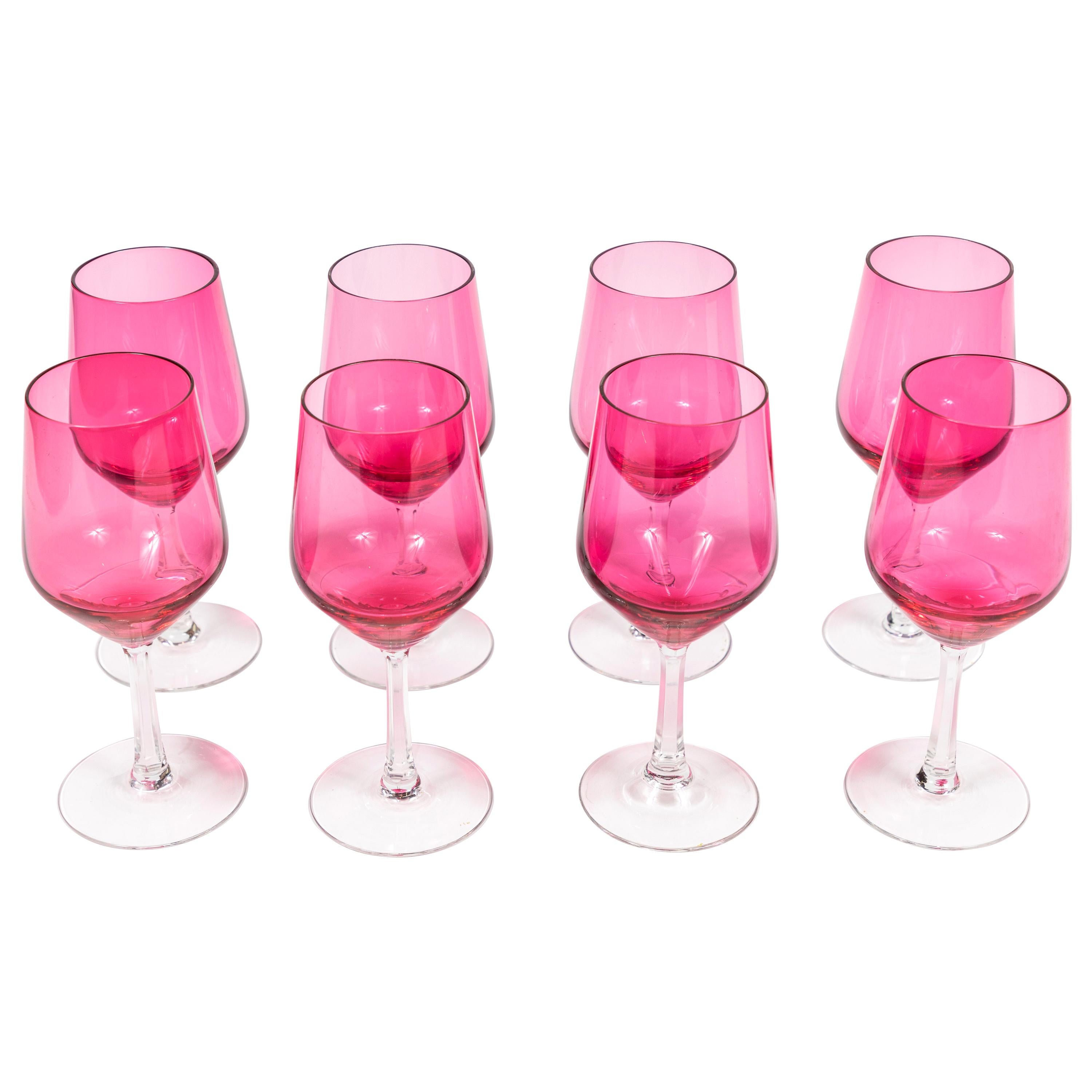 Vintage Set of 8 Cranberry Crystal Wine Goblets