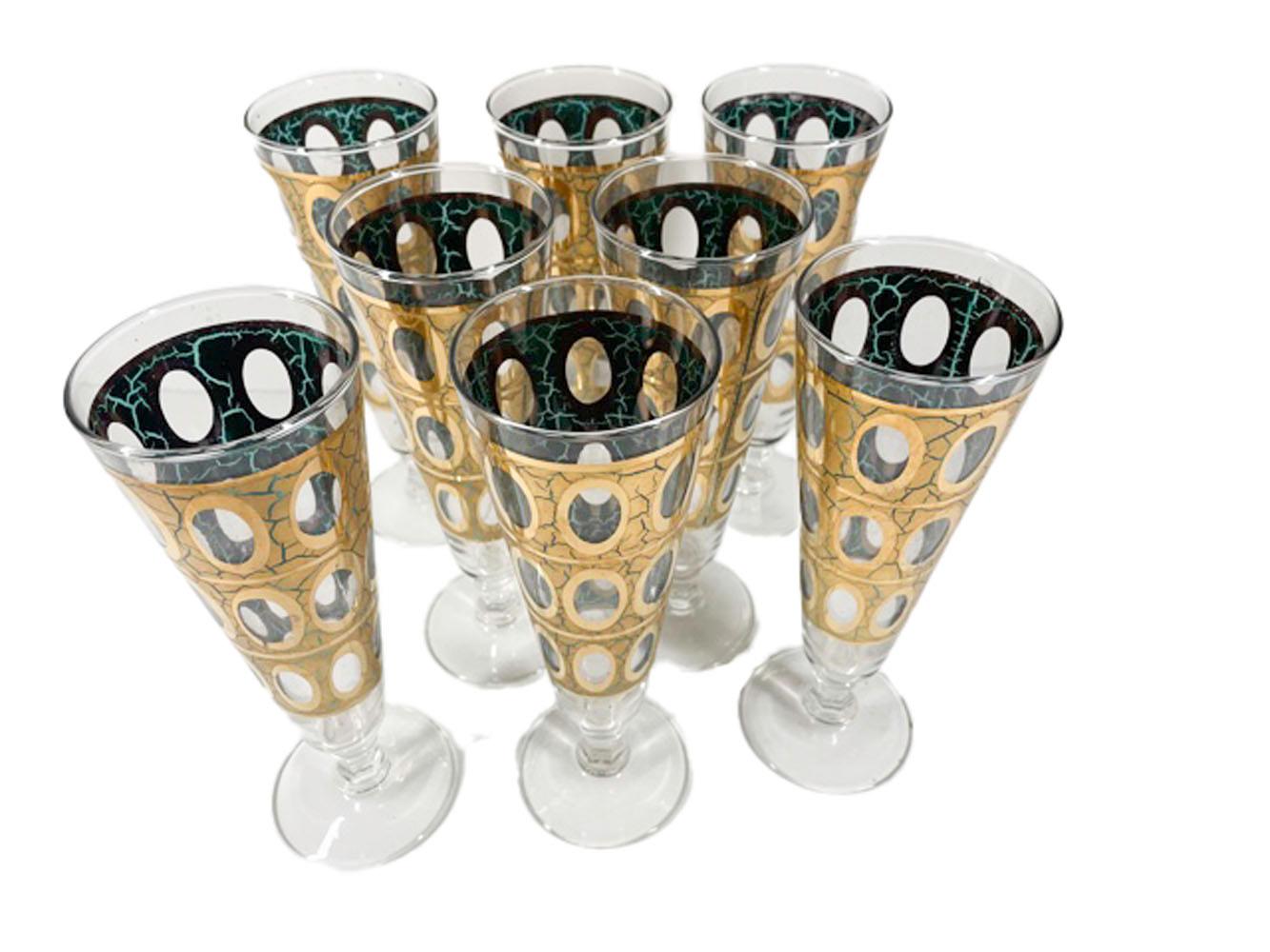 Vintage Set of 8 Culver Pilsner Glasses in the Pisa Pattern with Gold-Tone Caddy In Good Condition In Nantucket, MA