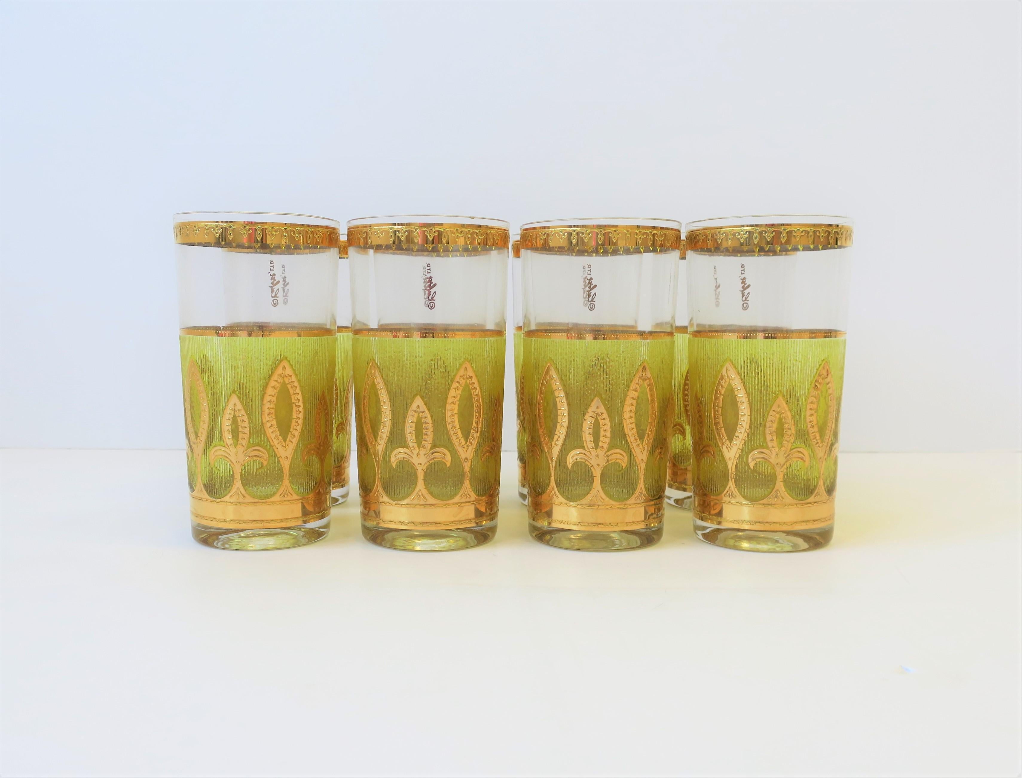Hollywood Regency '60s Designer Set of Yellow and Gold Highball Cocktail Glasses