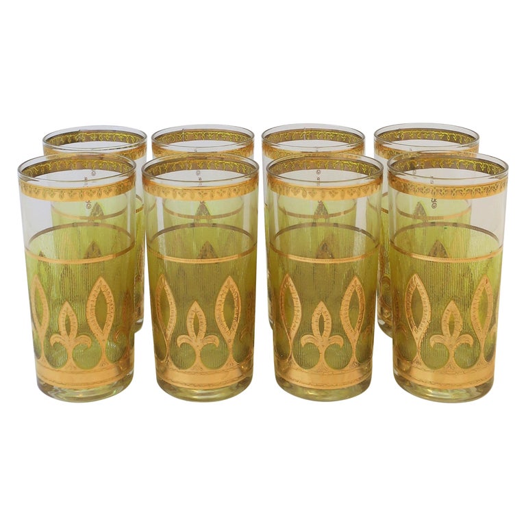 Vintage Set of 8 Designer Yellow and Gold Highball Glasses, circa 1960s