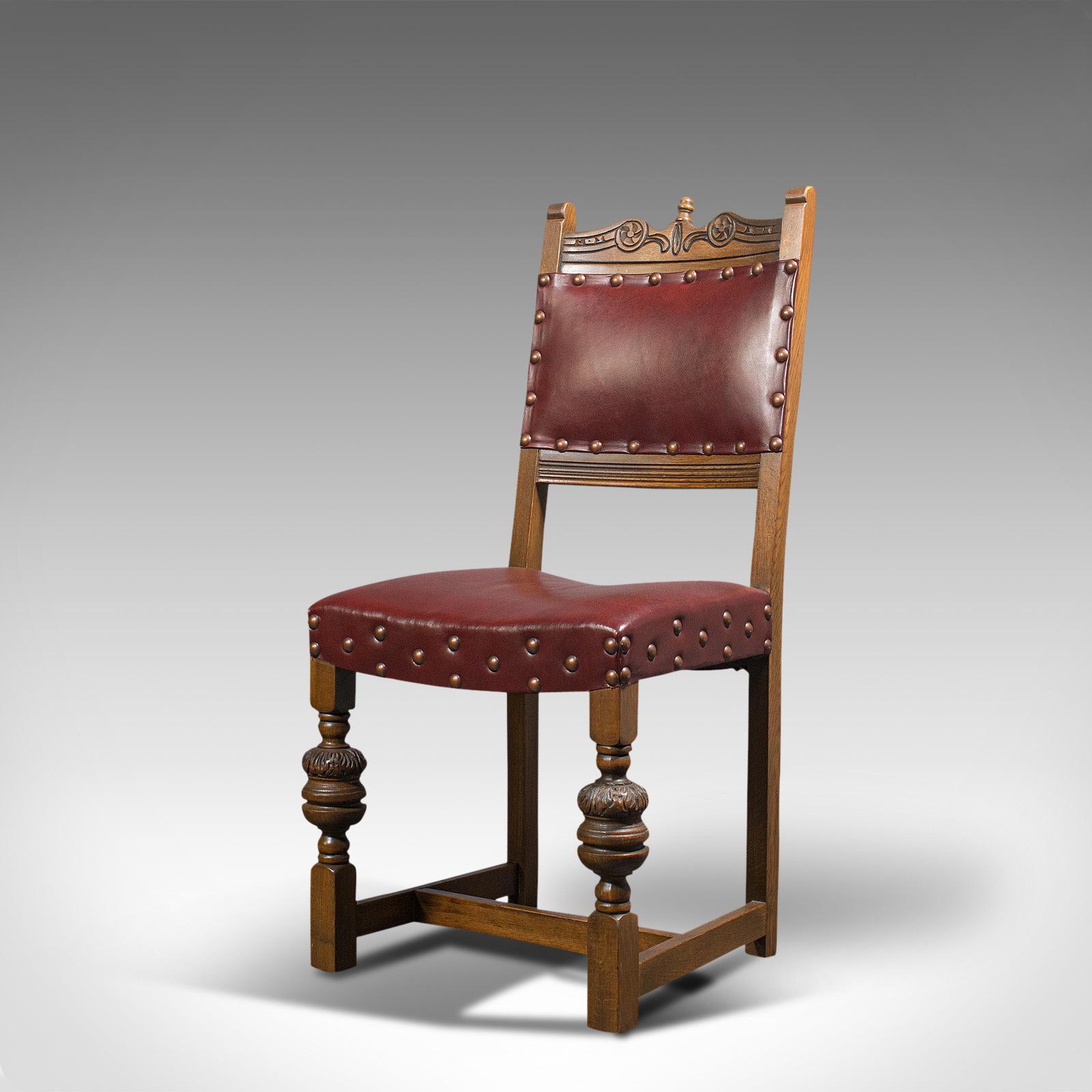 British Vintage, Set of 8 Dining Chairs, English, Oak, Leather, Carolean Revival Taste