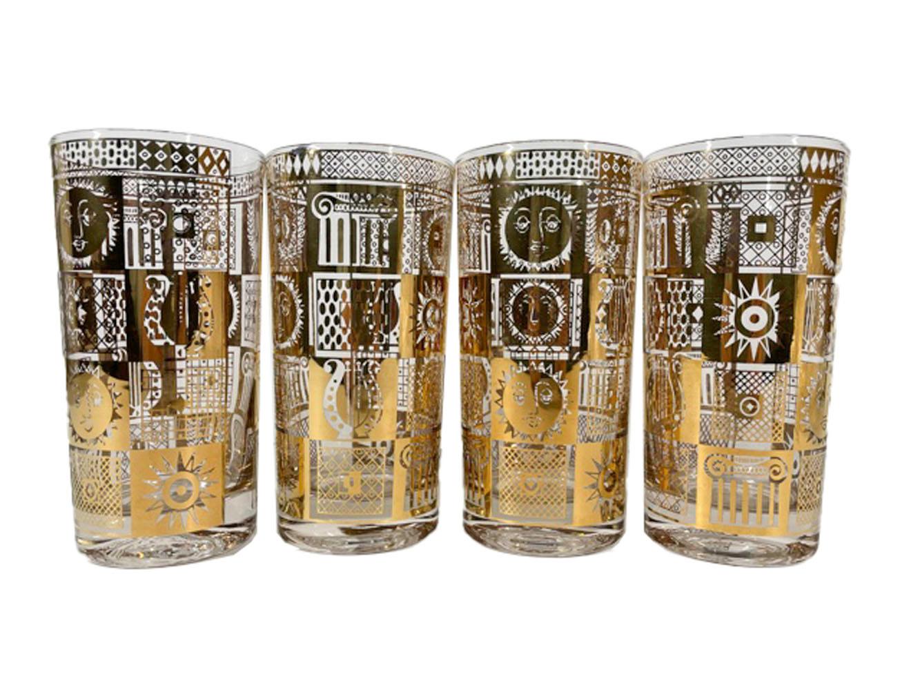 20th Century Vintage Set of 8 Georges Briard Golden Celeste Highball Glasses with 22k Gold