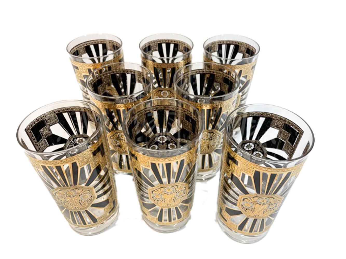 Mid-Century Modern Vintage Set of 8 Georges Briard Highball Glasses in the Art Deco Pattern