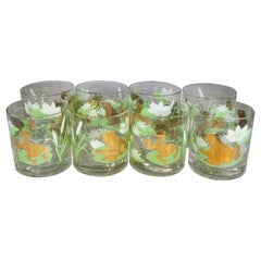 Vintage Set of 8 Gold and Green Frogs Old Fashioned Glasses