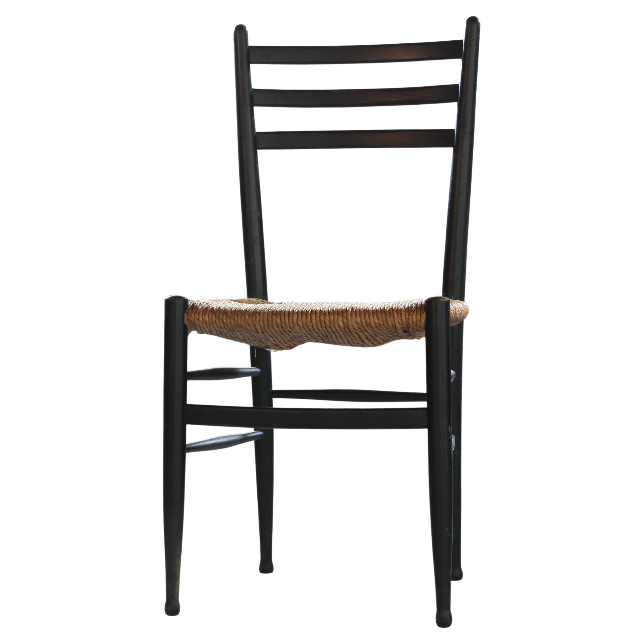 Vintage Set of 8 Italian Papercord Black Dining Chairs, woven seat, 1950s