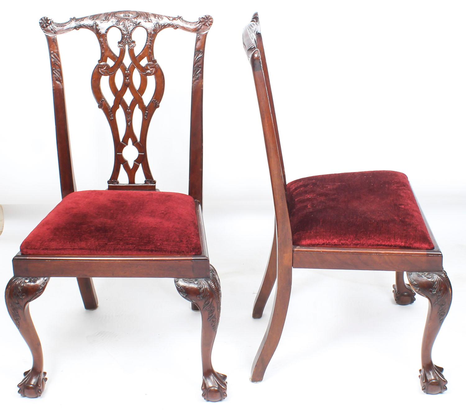 A beautiful Vintage set of ten solid mahogany Chippendale Revival dining chairs, comprising six side chairs and two armchairs, dating from the mid-20th century.

They have been crafted from hand carved solid flame mahogany with drop in seats