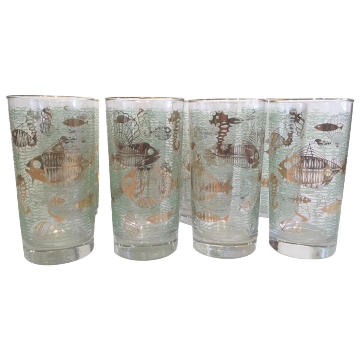 Vintage Set of 8 Marine Life Highball Glasses by Libbey Glass