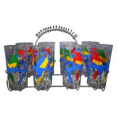 Vintage Set of 8 Multi-Color Parrot Design Glasses with Metal Caddy