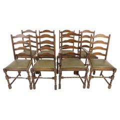 Vintage Set Of 8 Oak Ladder Back Dining Chairs, Scotland 1930, H1175
