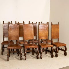 Ensemble vintage de 8 chaises de salle à manger hautes en chêne et cuir d'Espagne