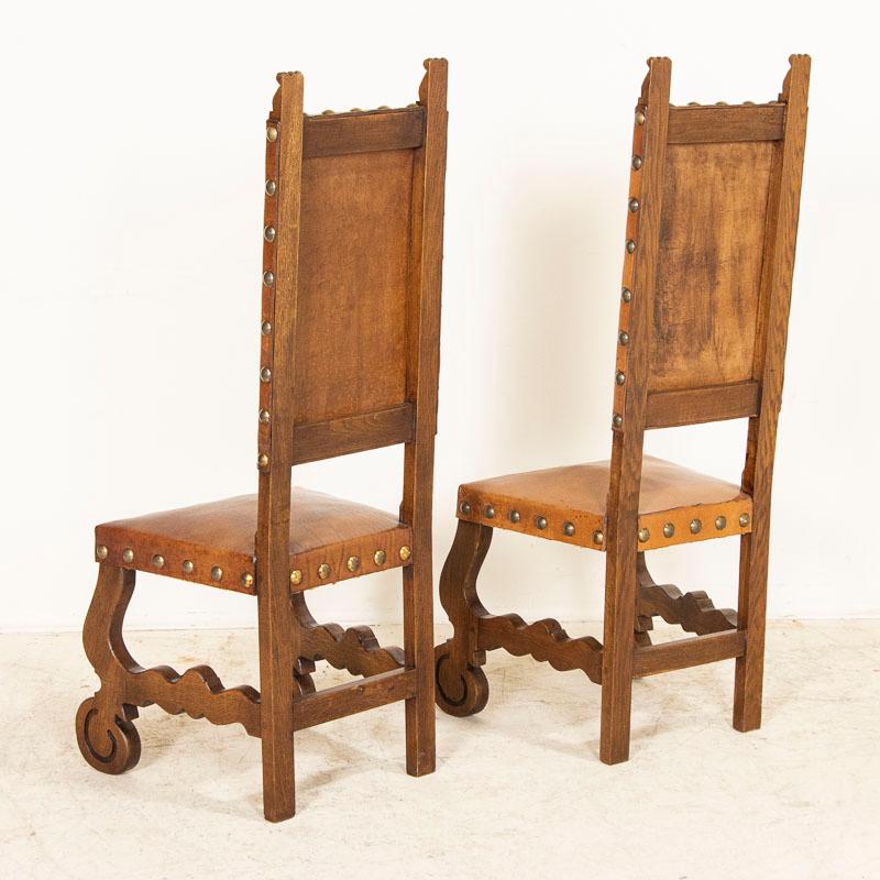 20th Century Vintage Set of 8 Tall Oak and Leather Dining Chairs from Spain