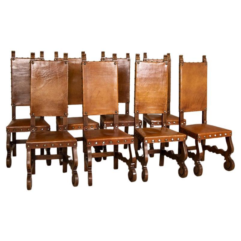 Vintage Set of 8 Tall Oak and Leather Dining Chairs from Spain