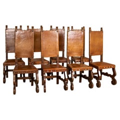 Antique Set of 8 Tall Oak and Leather Dining Chairs from Spain
