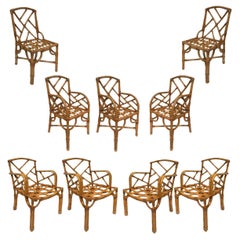 Vintage set of 9 Original Paul Frankl Rattan Dining Side and Armchairs