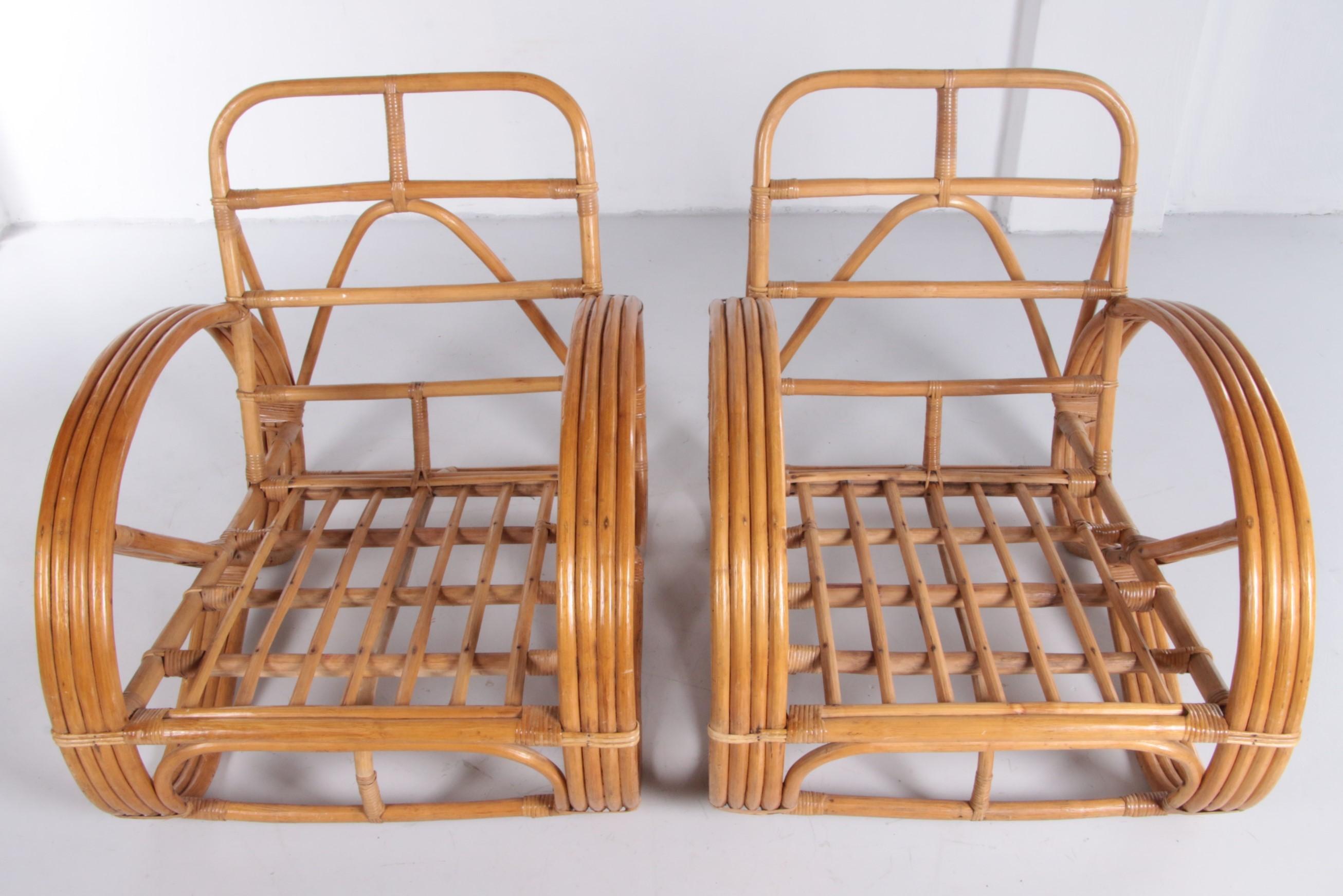 Vintage Set of Bamboo Lounge Armchairs and Ottoman with Side Tables Paul Frankl 2