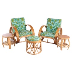 Vintage Set of Bamboo Lounge Armchairs and Ottoman with Side Tables Paul Frankl