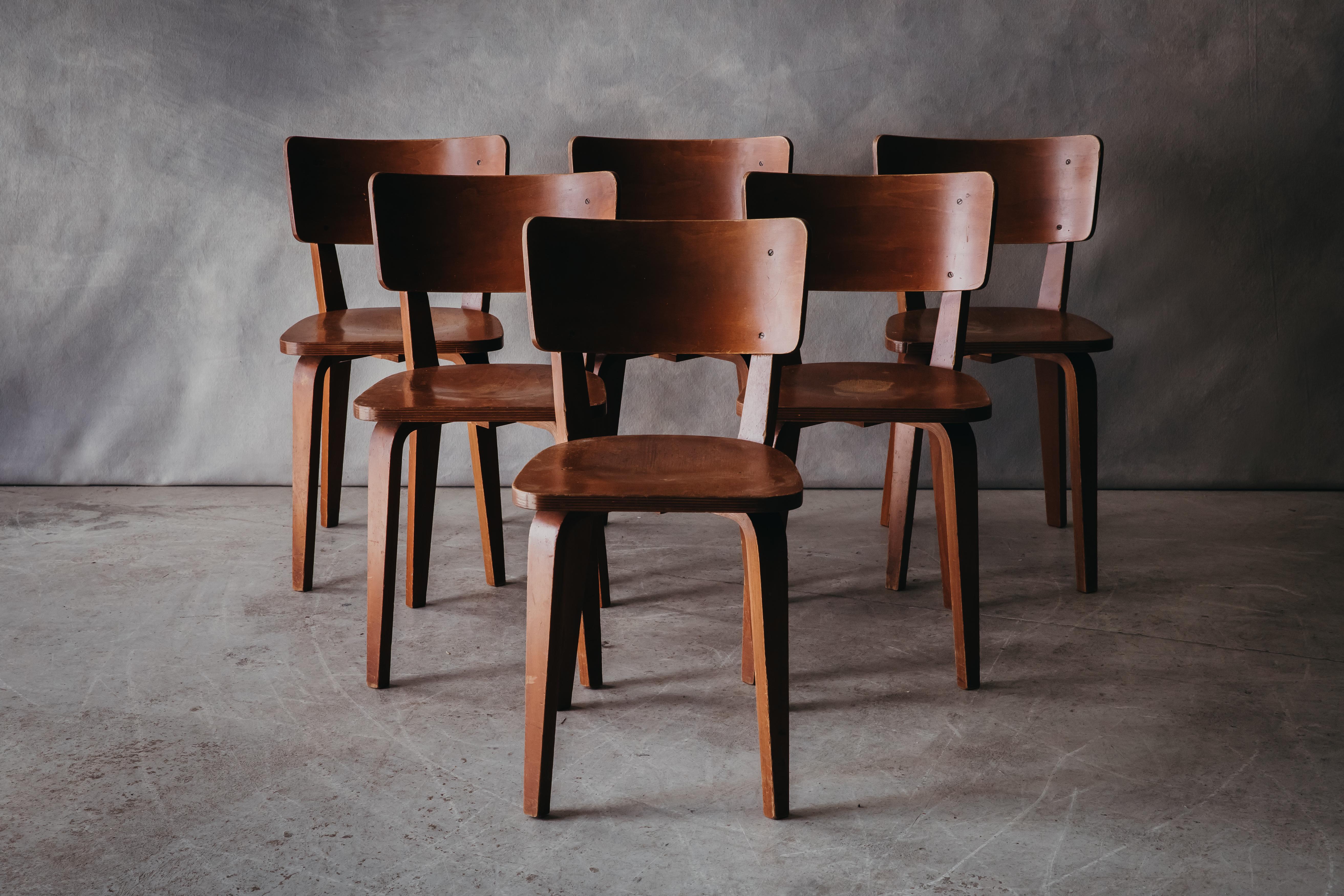 Vintage Set Of Bentwood Dining Chairs From France, circa 1950. Nice models in the manner of Thonet. Nice wear and use.