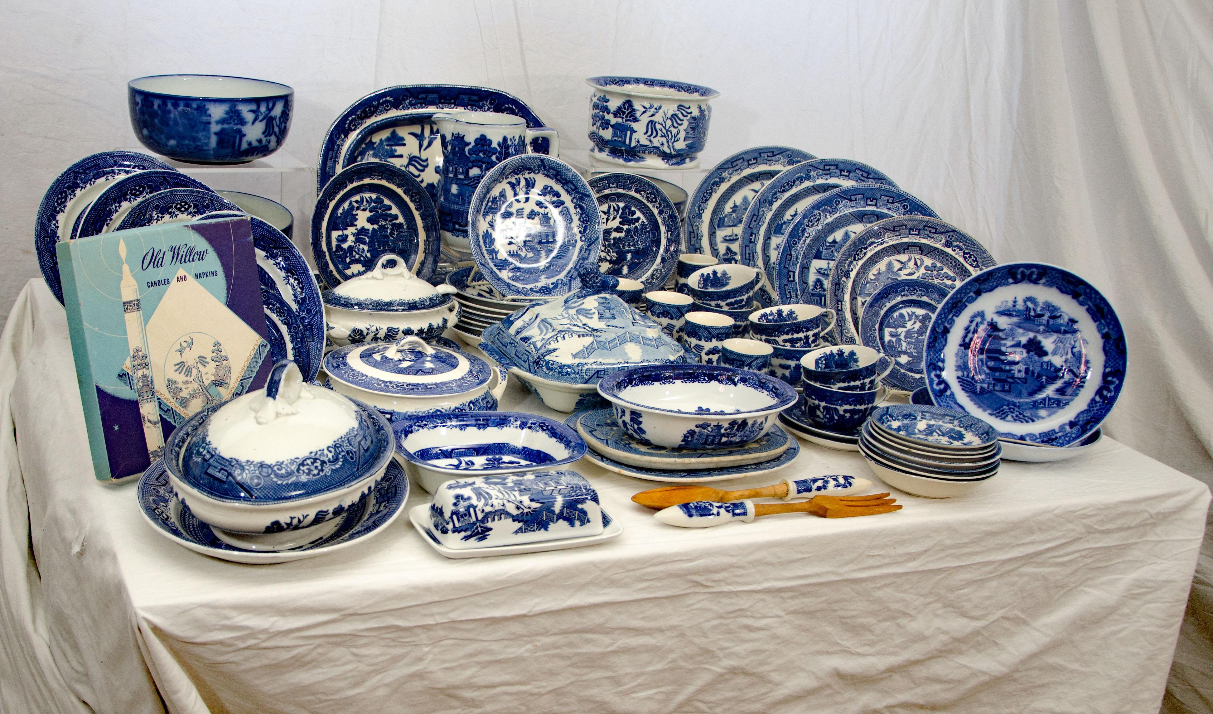 A huge collection of vintage blue willow dinnerware with both English and Japanese markings, as well as some unmarked pieces. Also included are 20 items (mostly plates) not photographed. There are a few minor chips on a few items, mostly under rims.
