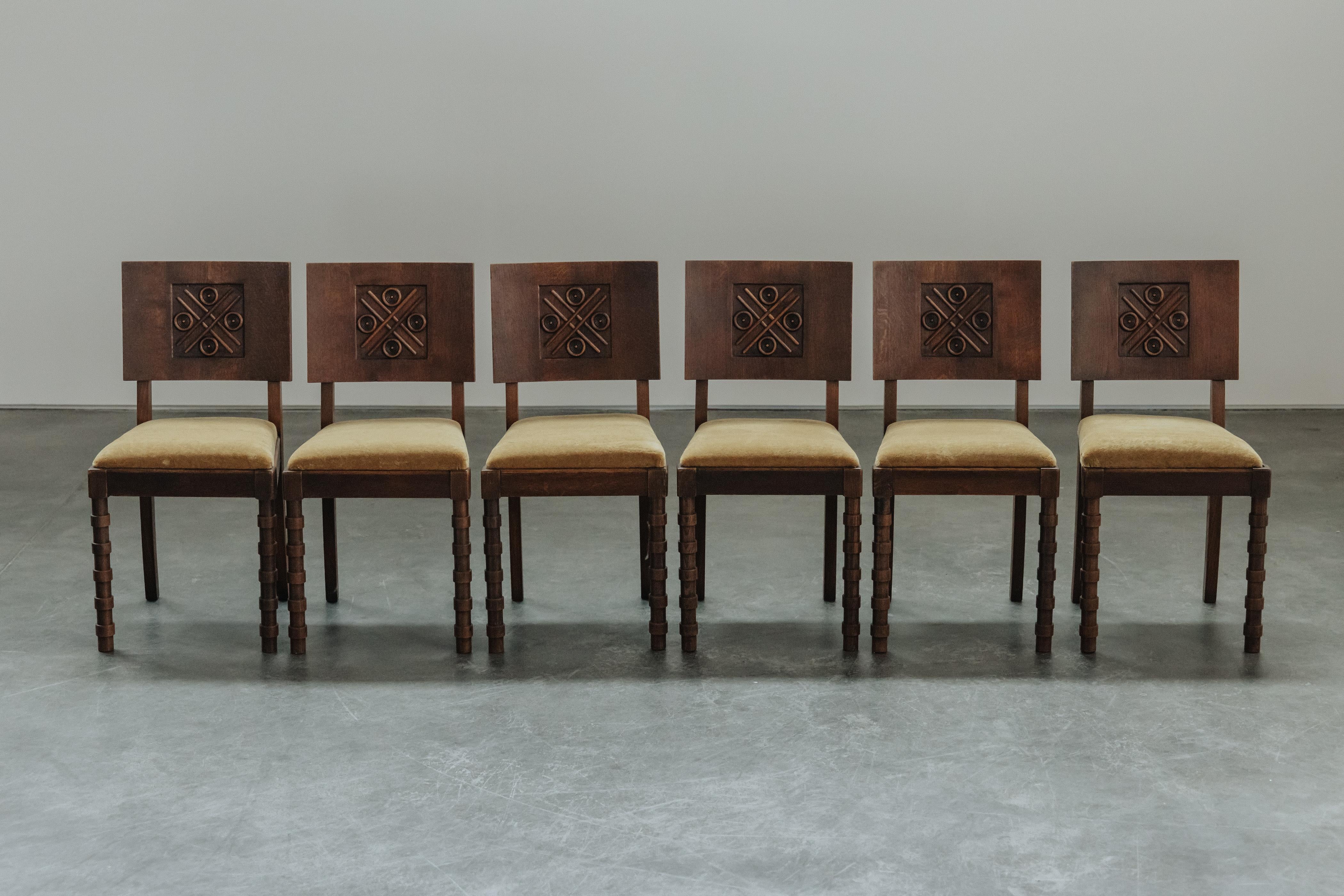 Vintage Set Of Charles Dudouyt Dining Chairs From France, Circa 1960.  Solid oak construction with velvet upholstery on the seats.  Very light wear and use.