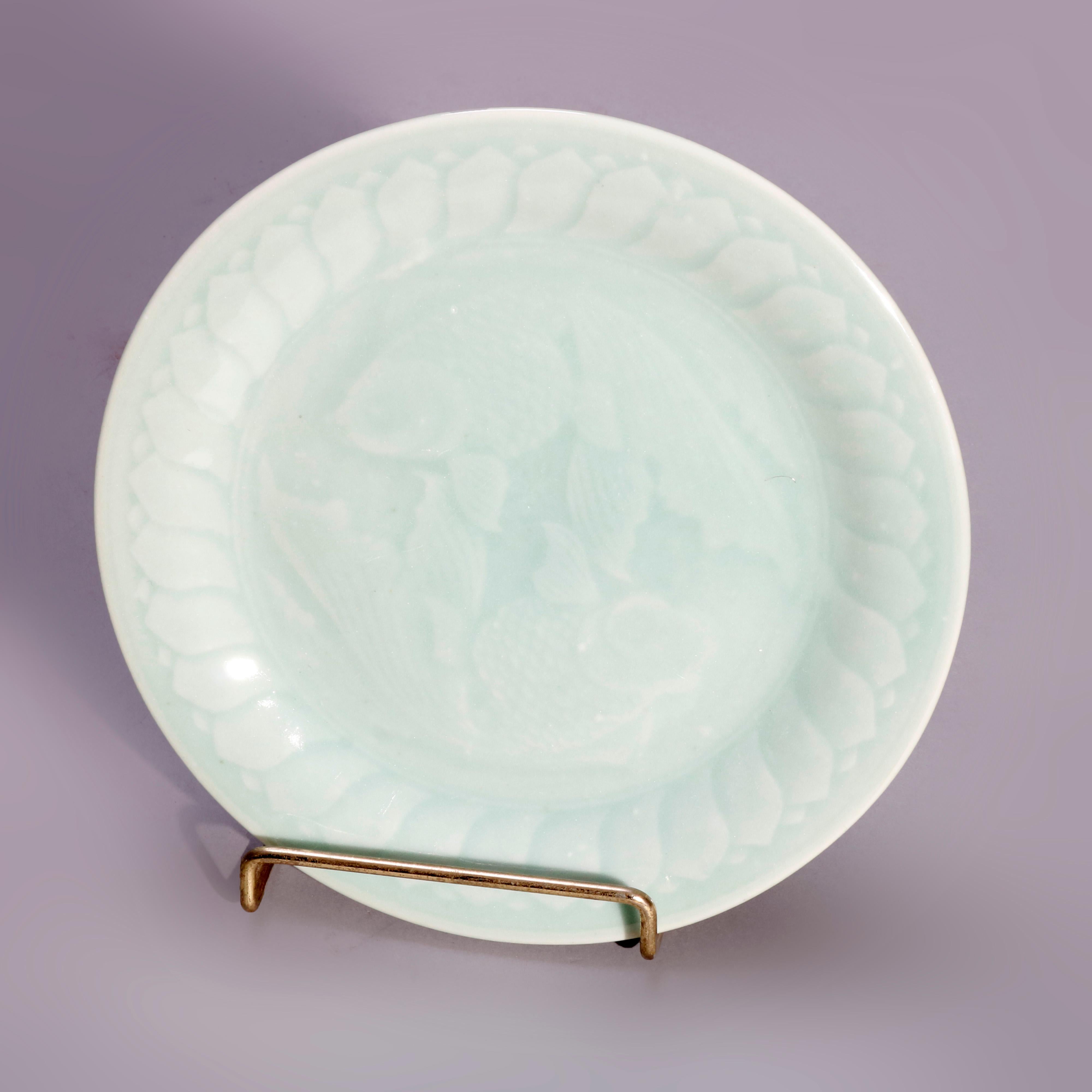 Vintage Set of Chinese Celedon Porcelain Koi Fish Dinnerware, 20th Century 3