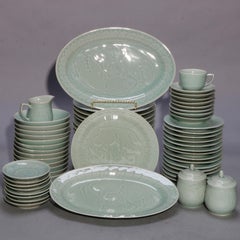 Vintage Set of Chinese Celedon Porcelain Koi Fish Dinnerware, 20th Century