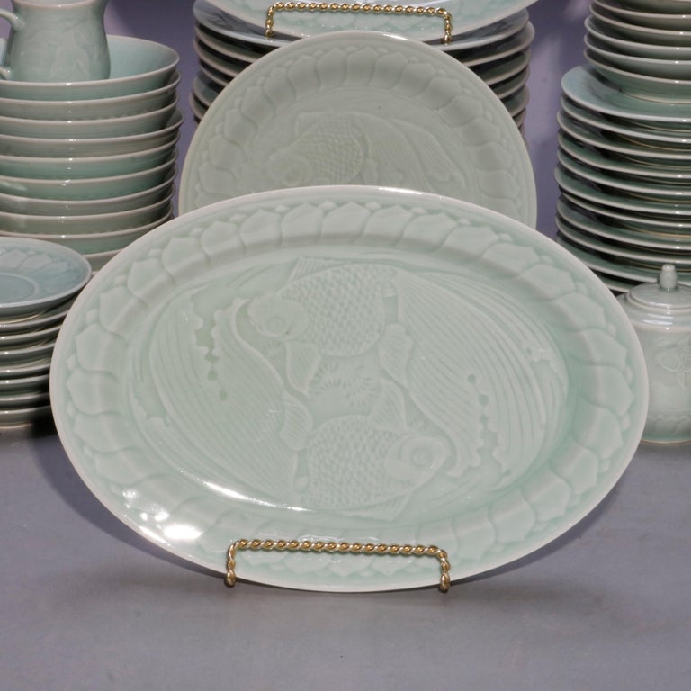 Vintage Set of Chinese Celedon Porcelain Koi Fish Dinnerware, 20th