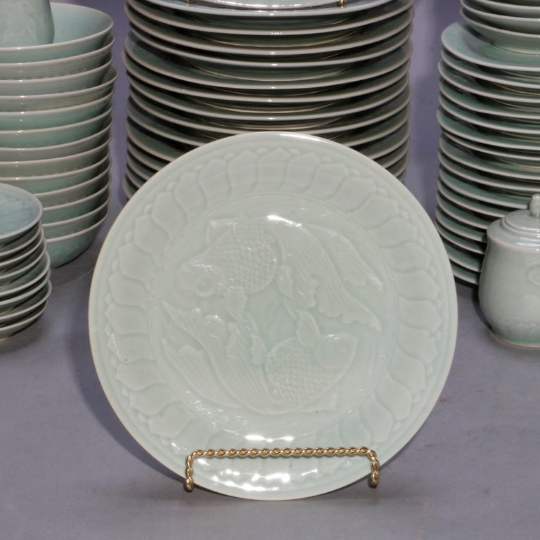 Vintage Set of Chinese Celedon Porcelain Koi Fish Dinnerware, 20th
