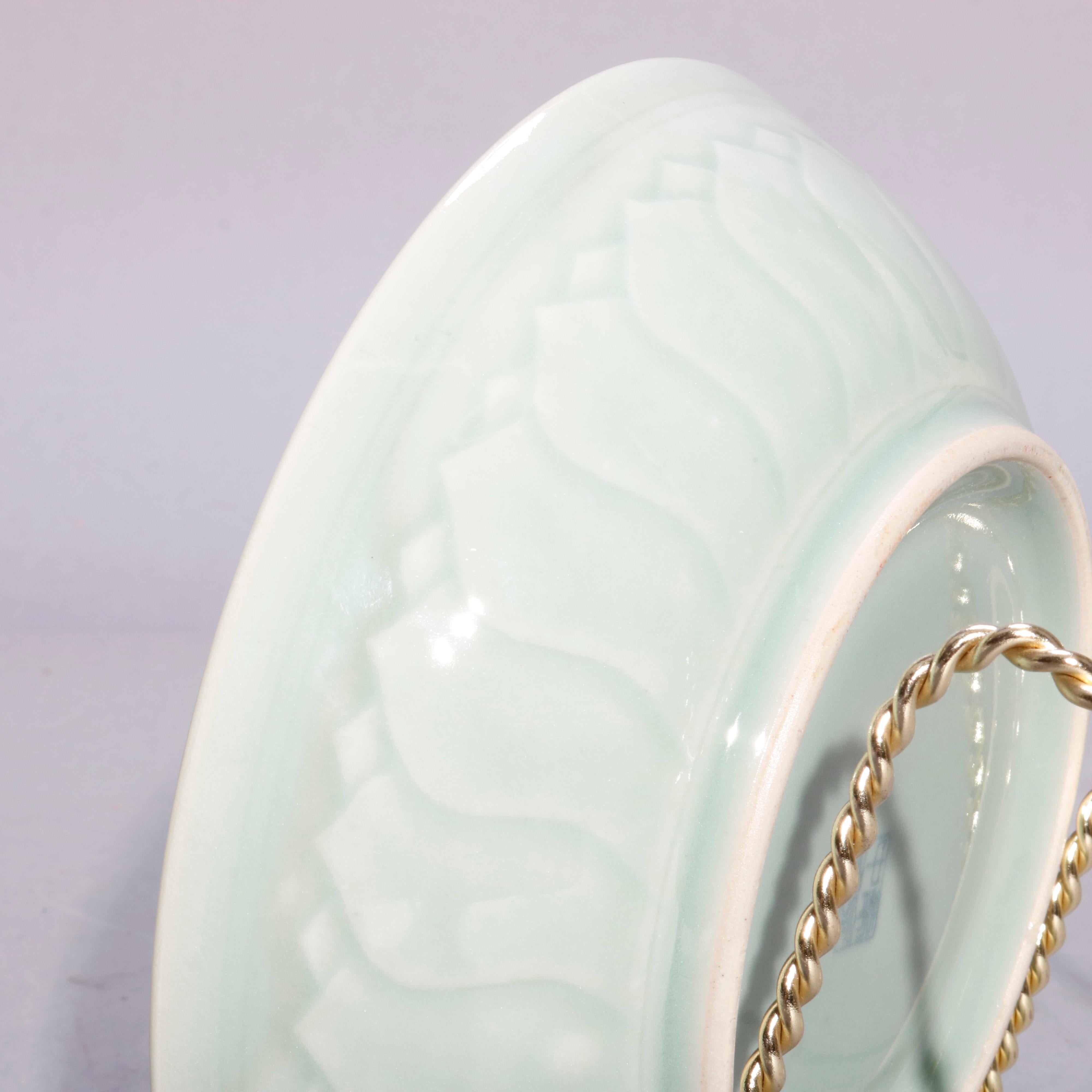 Glazed Vintage Set of Chinese Celedon Porcelain Koi Fish Dinnerware, 20th Century