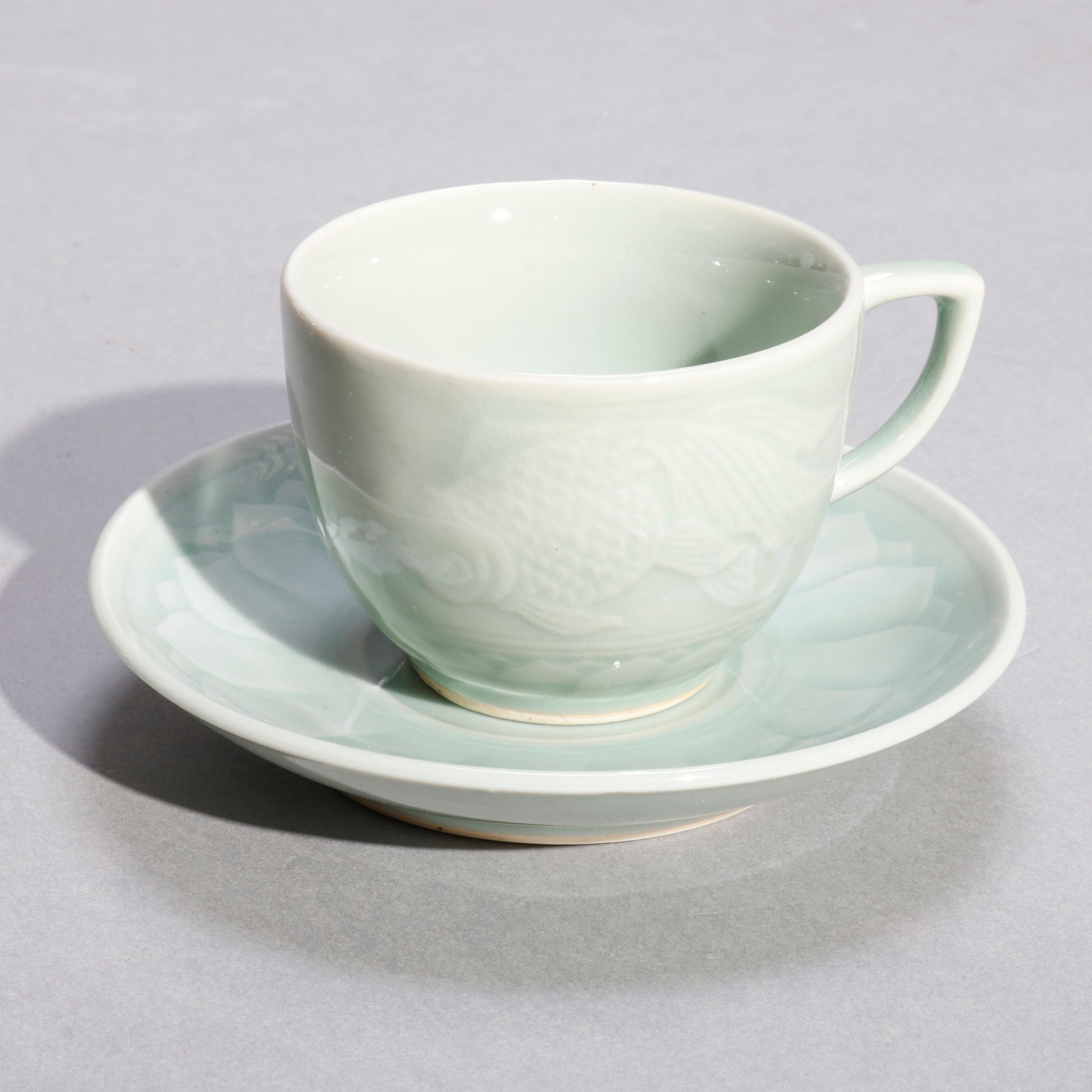 Vintage Set of Chinese Celedon Porcelain Koi Fish Dinnerware, 20th Century In Good Condition In Big Flats, NY