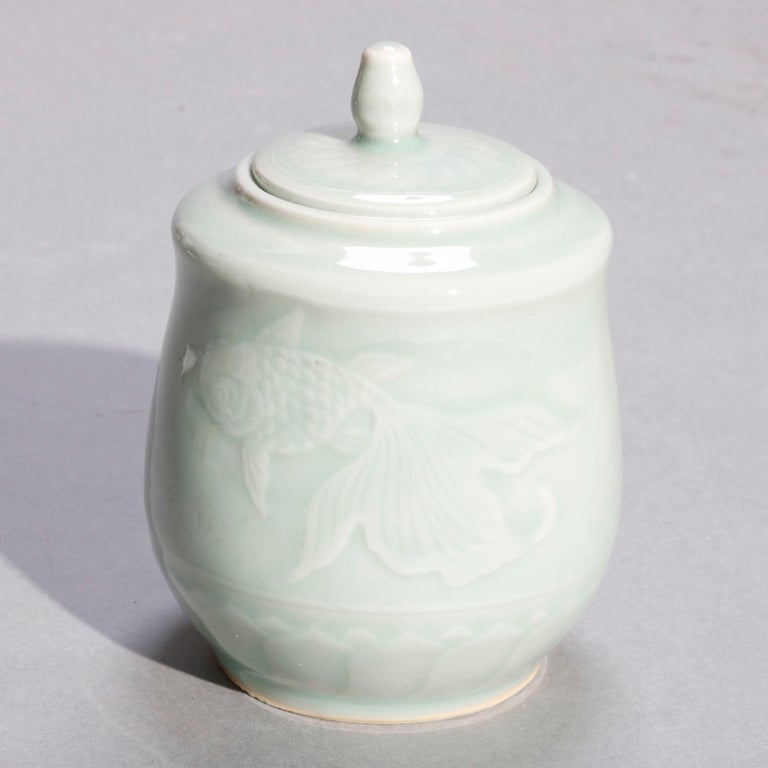 Vintage Set of Chinese Celedon Porcelain Koi Fish Dinnerware, 20th