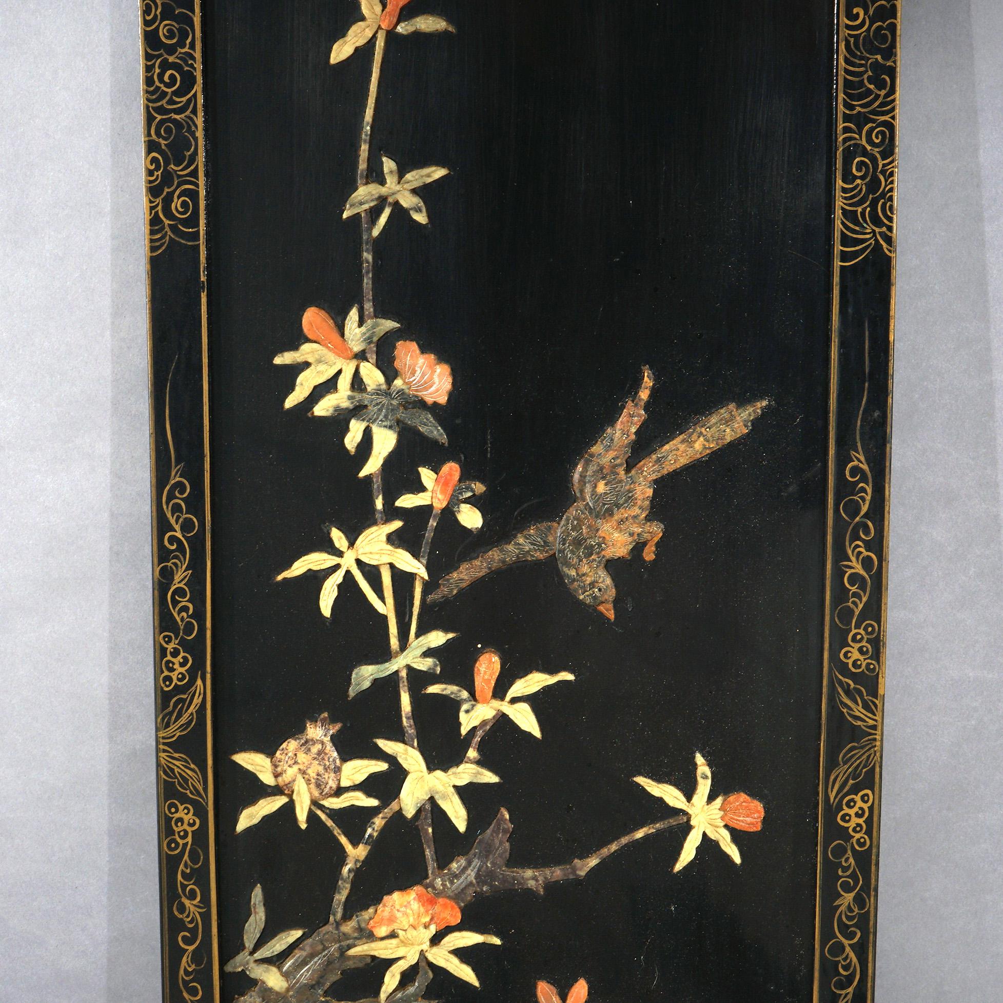 Set vintage di pannelli da parete cinesi ebanizzati con disegni di pietre dure intagliate C1940 1