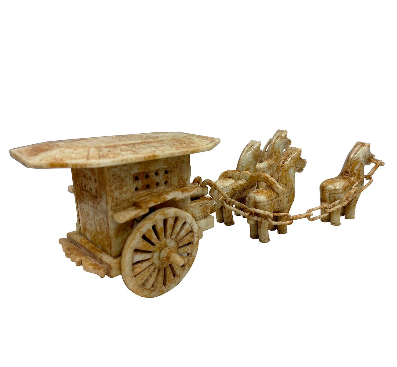 Vintage Set of Chinese Jade Carved Horse Drawn Carriage Statue For Sale 3