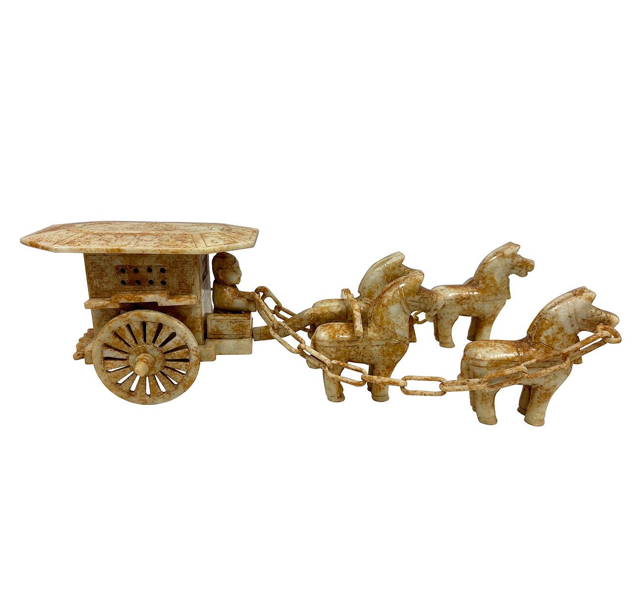 Vintage Set of Chinese Jade Carved Horse Drawn Carriage Statue For Sale 4