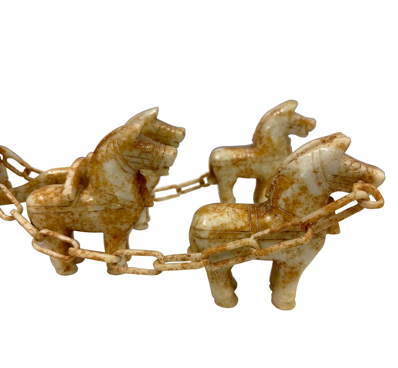 Vintage Set of Chinese Jade Carved Horse Drawn Carriage Statue For Sale 6