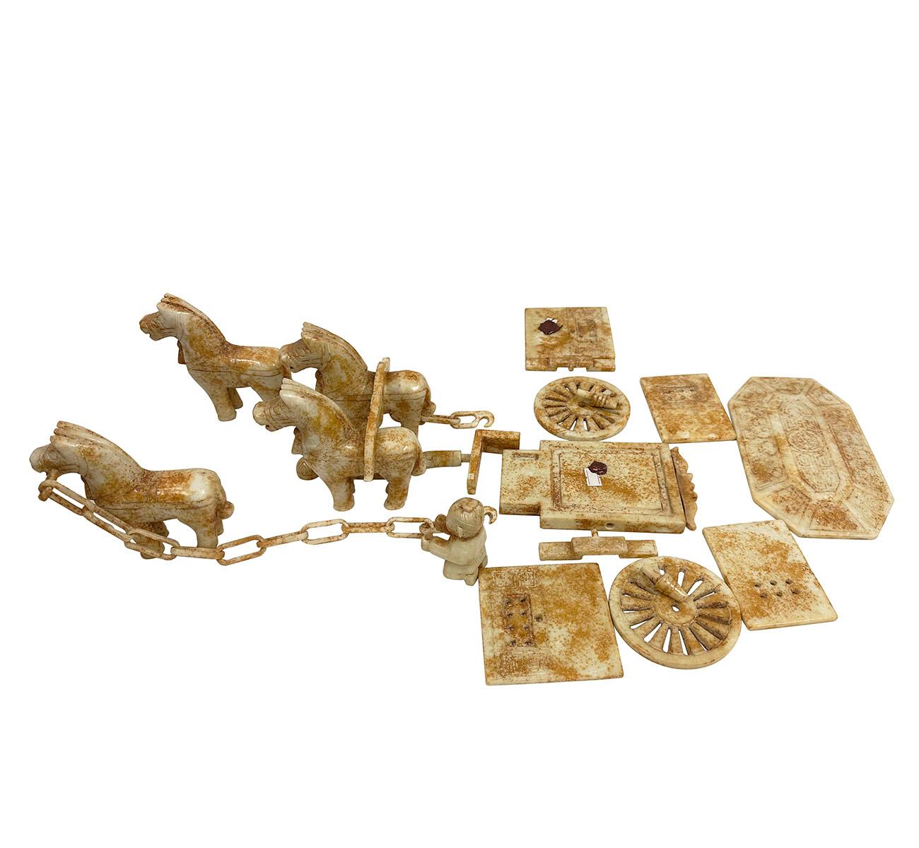 Vintage Set of Chinese Jade Carved Horse Drawn Carriage Statue For Sale 10