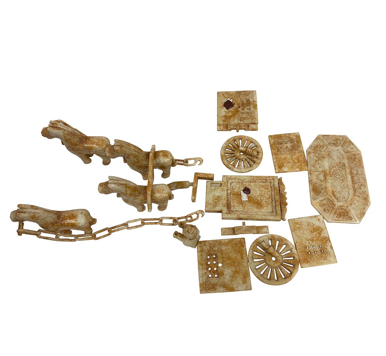 Vintage Set of Chinese Jade Carved Horse Drawn Carriage Statue For Sale 11