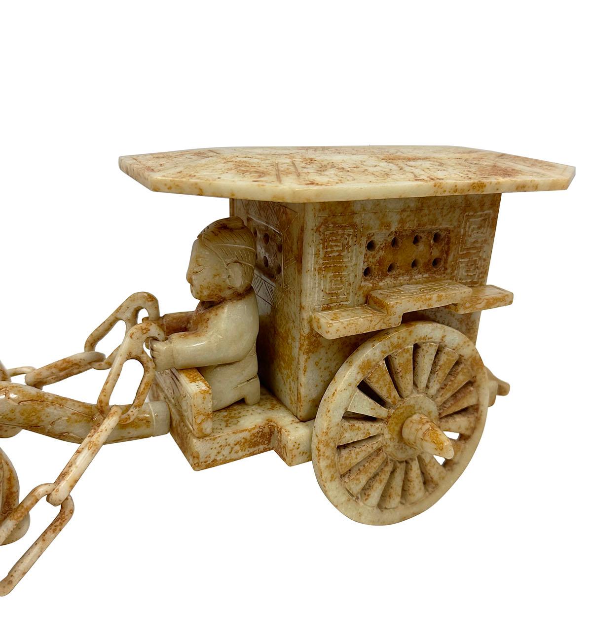 Chinese Export Vintage Set of Chinese Jade Carved Horse Drawn Carriage Statue For Sale