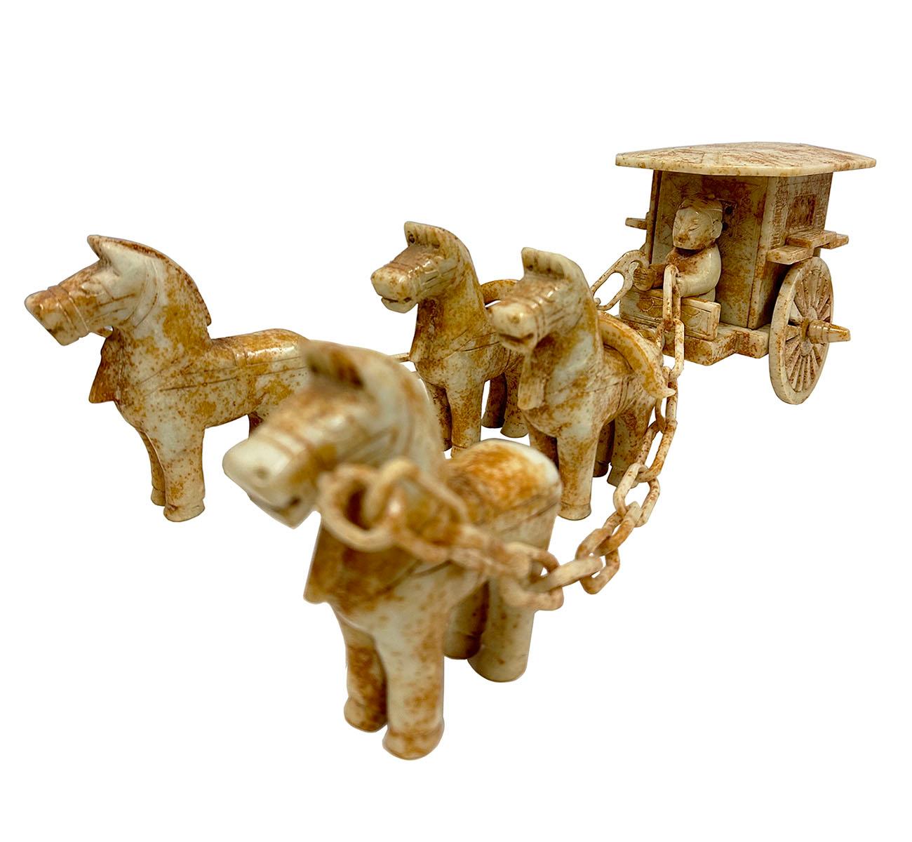 20th Century Vintage Set of Chinese Jade Carved Horse Drawn Carriage Statue For Sale