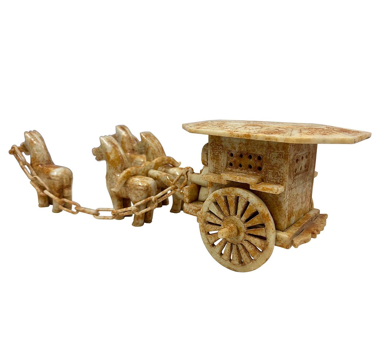 Vintage Set of Chinese Jade Carved Horse Drawn Carriage Statue For Sale 1