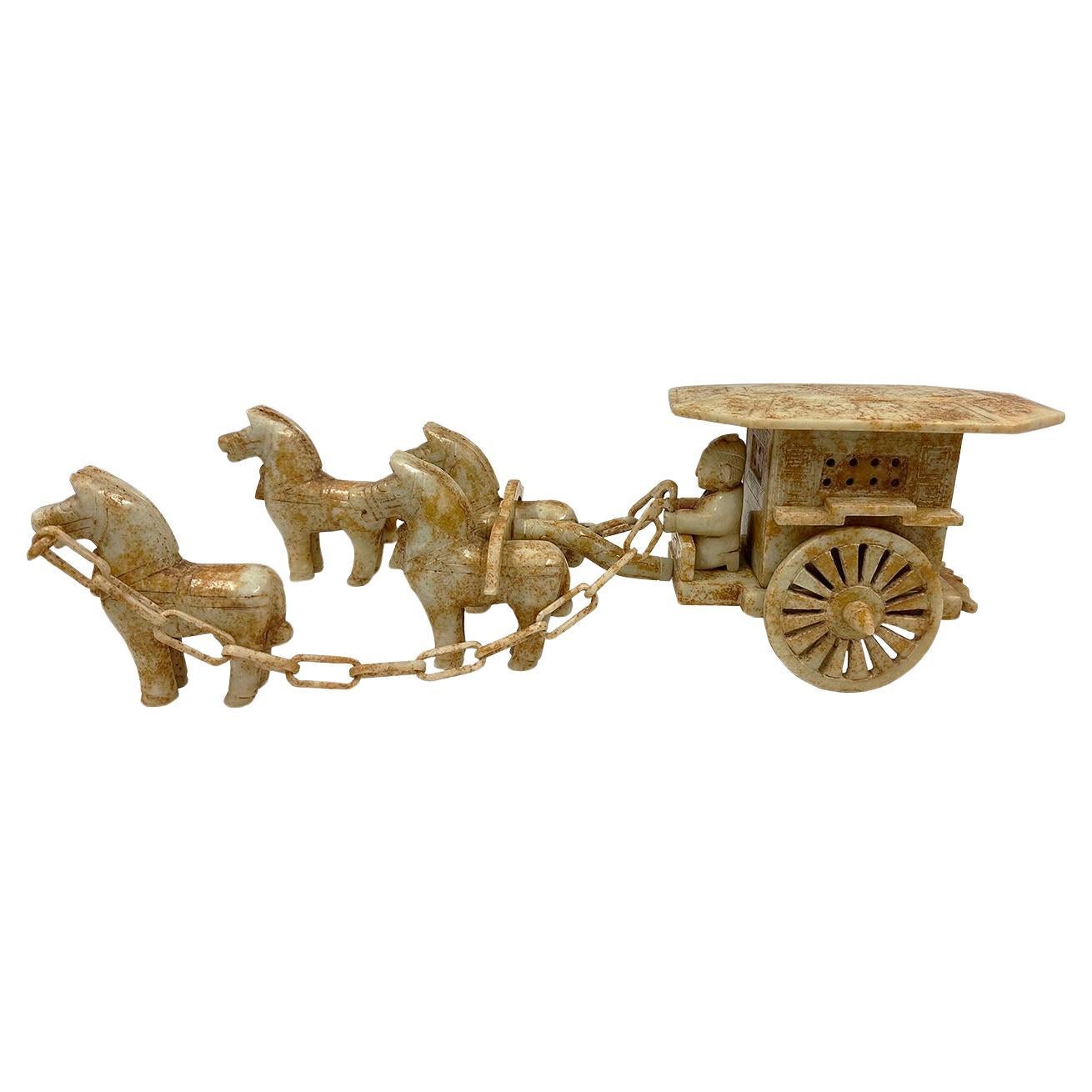 Vintage Set of Chinese Jade Carved Horse Drawn Carriage Statue For Sale