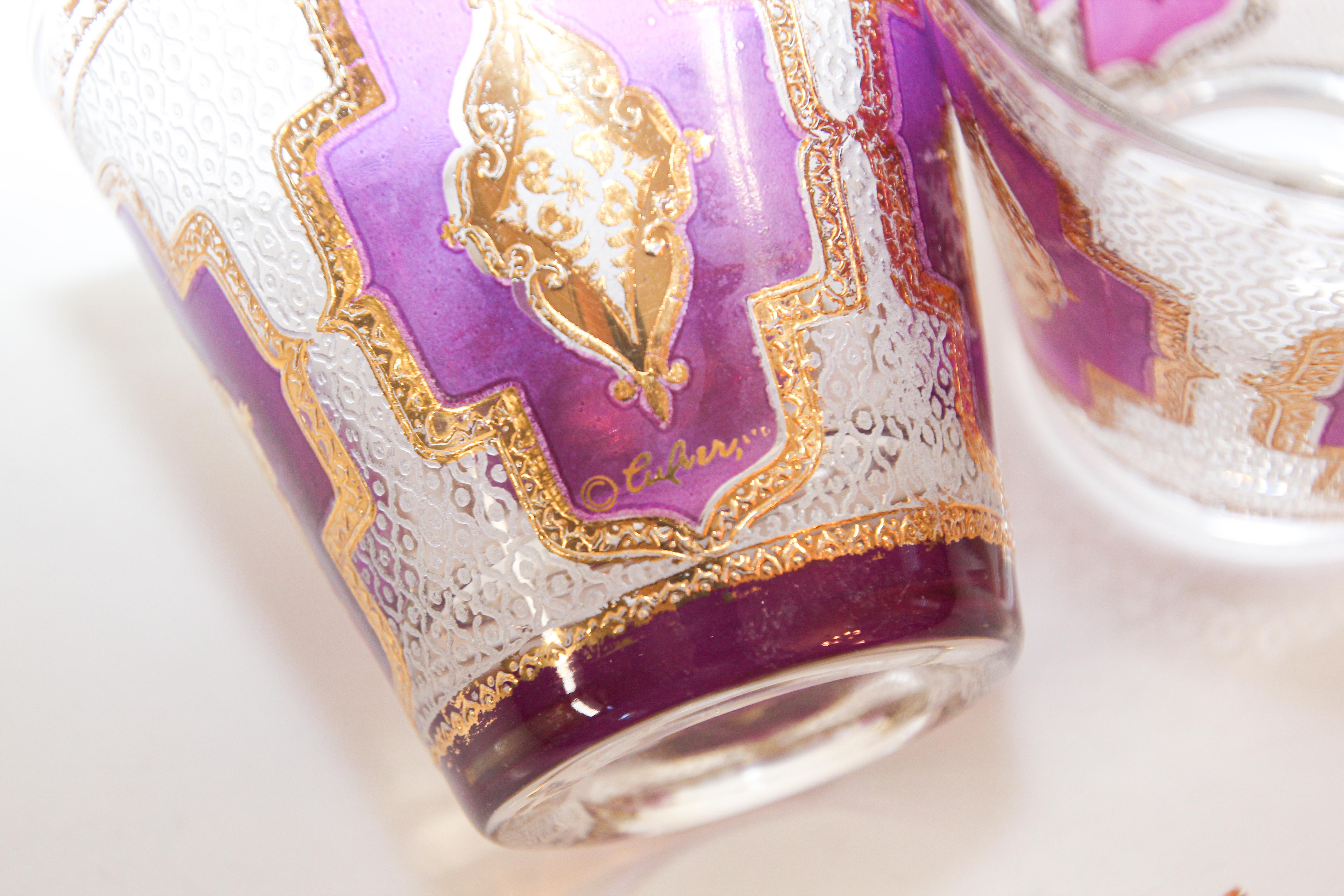 Vintage Set of Culver Glasses with 22-Karat Gold Amethyst Moorish Design 7