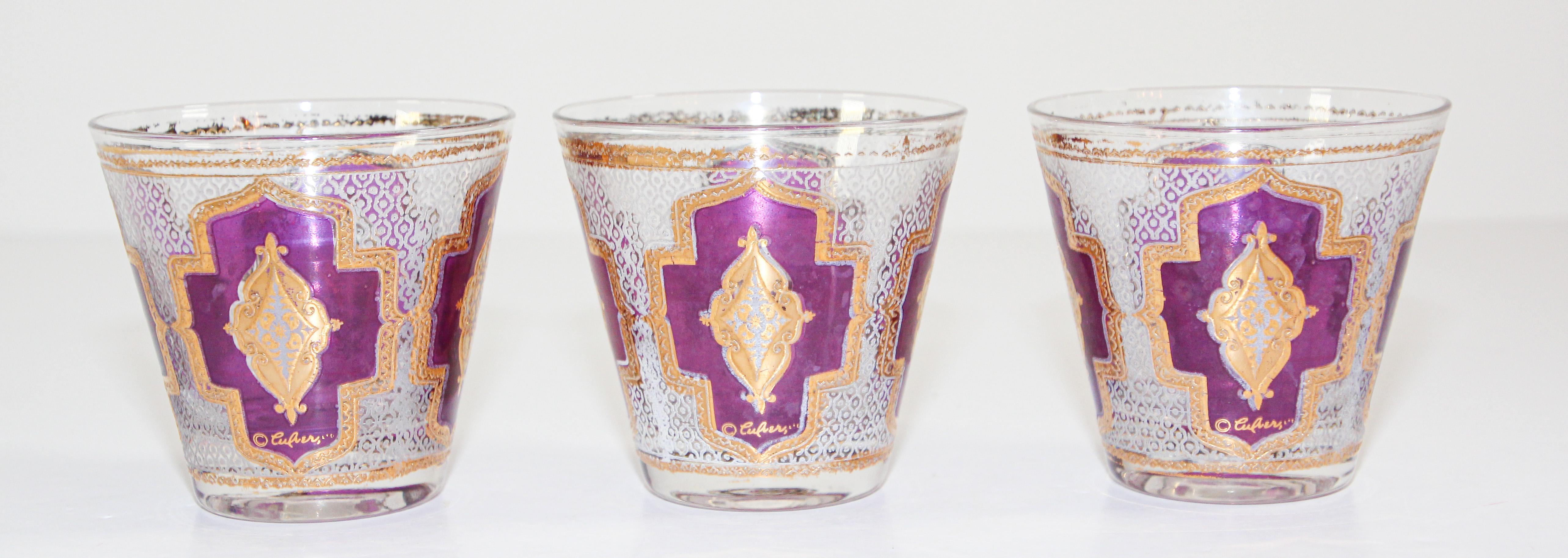 American Vintage Set of Culver Glasses with 22-Karat Gold Amethyst Moorish Design