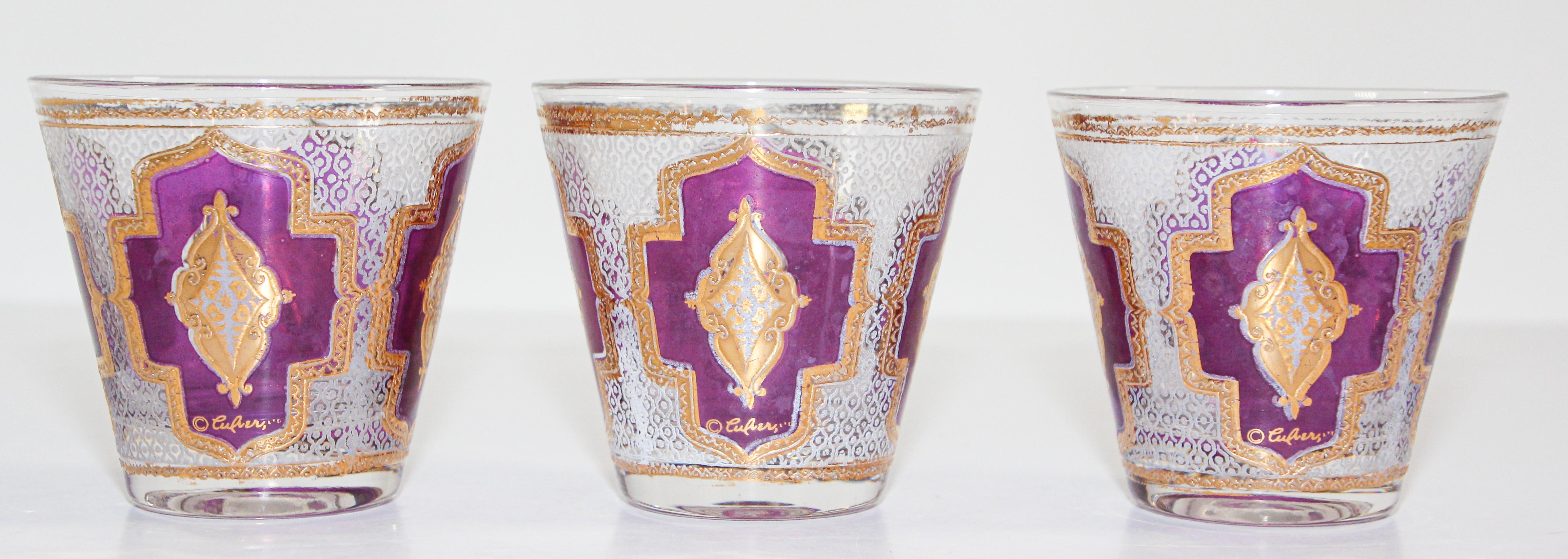 Hand-Painted Vintage Set of Culver Glasses with 22-Karat Gold Amethyst Moorish Design