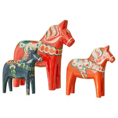 Vintage Set of Dalar Horses Painted in Red and Blue, Sweden, 20th Century