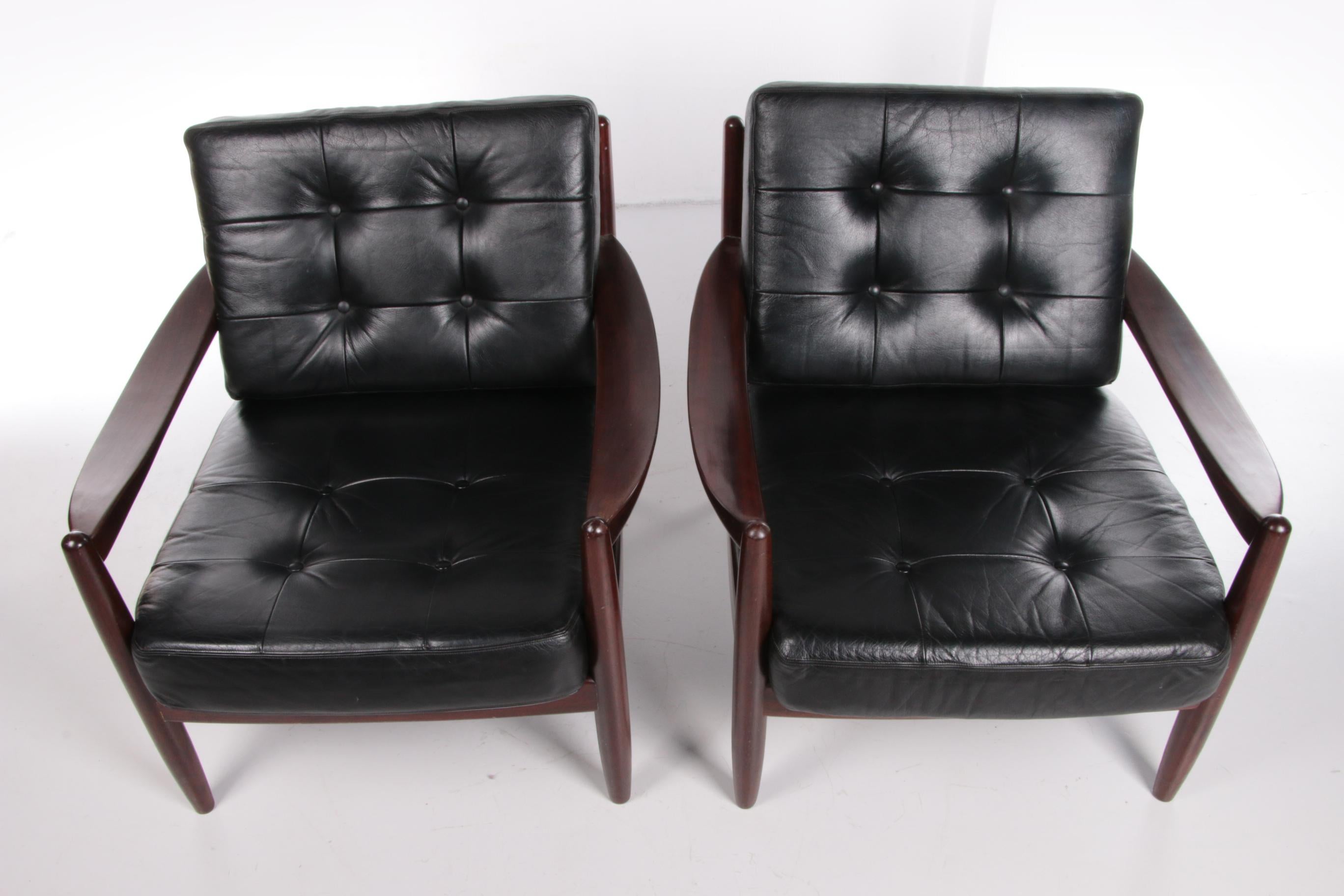 Leather Vintage Set of Dark Wooden Danish Armchairs, 1960s For Sale