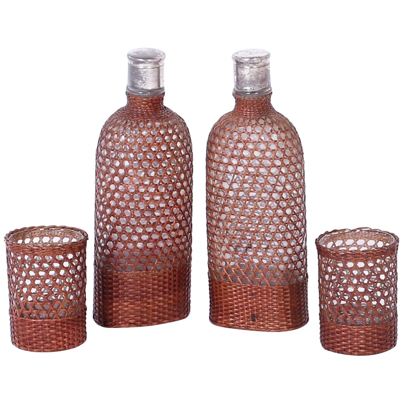 Vintage Set of Drinking Vessels Wrapped in Wicker or Cane