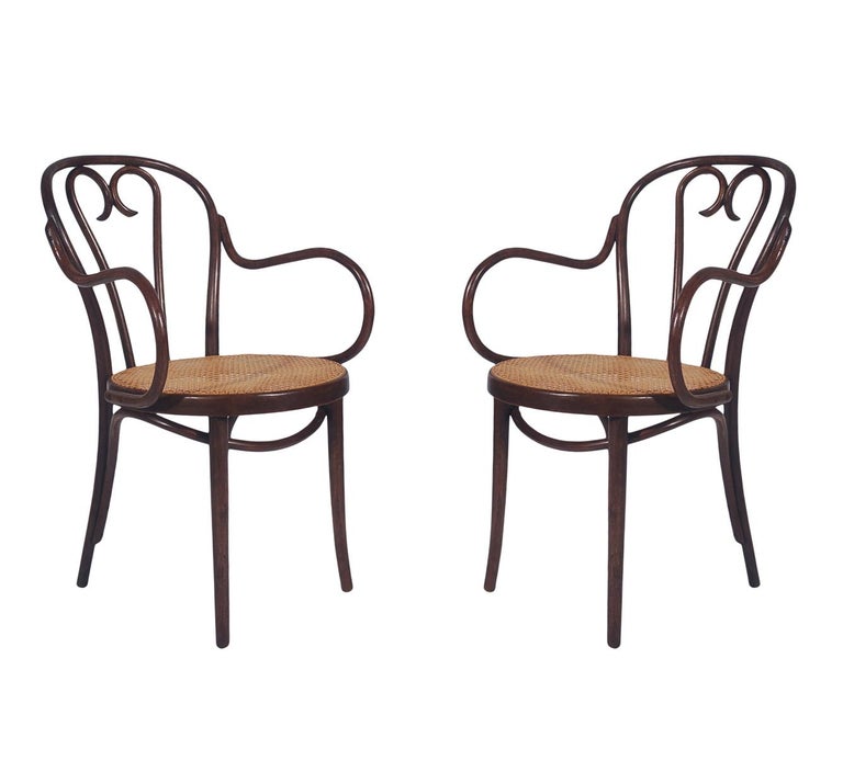Mid-20th Century Vintage Set of Eight Bentwood and Cane Seat Armchair Dining Chairs by Thonet For Sale