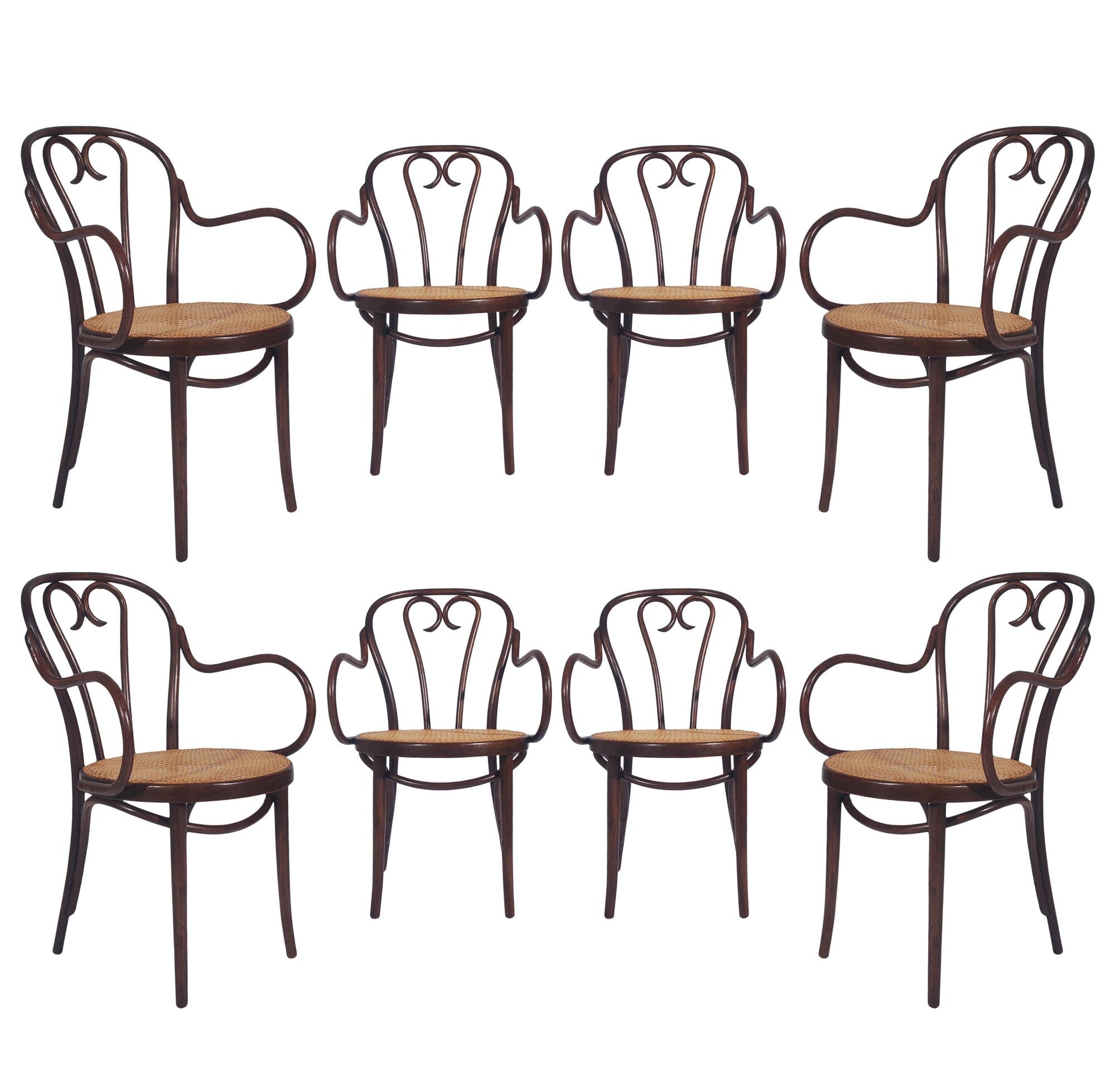 Vintage Set of Eight Bentwood and Cane Seat Armchair Dining Chairs by Thonet In Good Condition In Philadelphia, PA