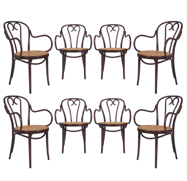 Vintage Set of Eight Bentwood and Cane Seat Armchair Dining Chairs by Thonet For Sale 2