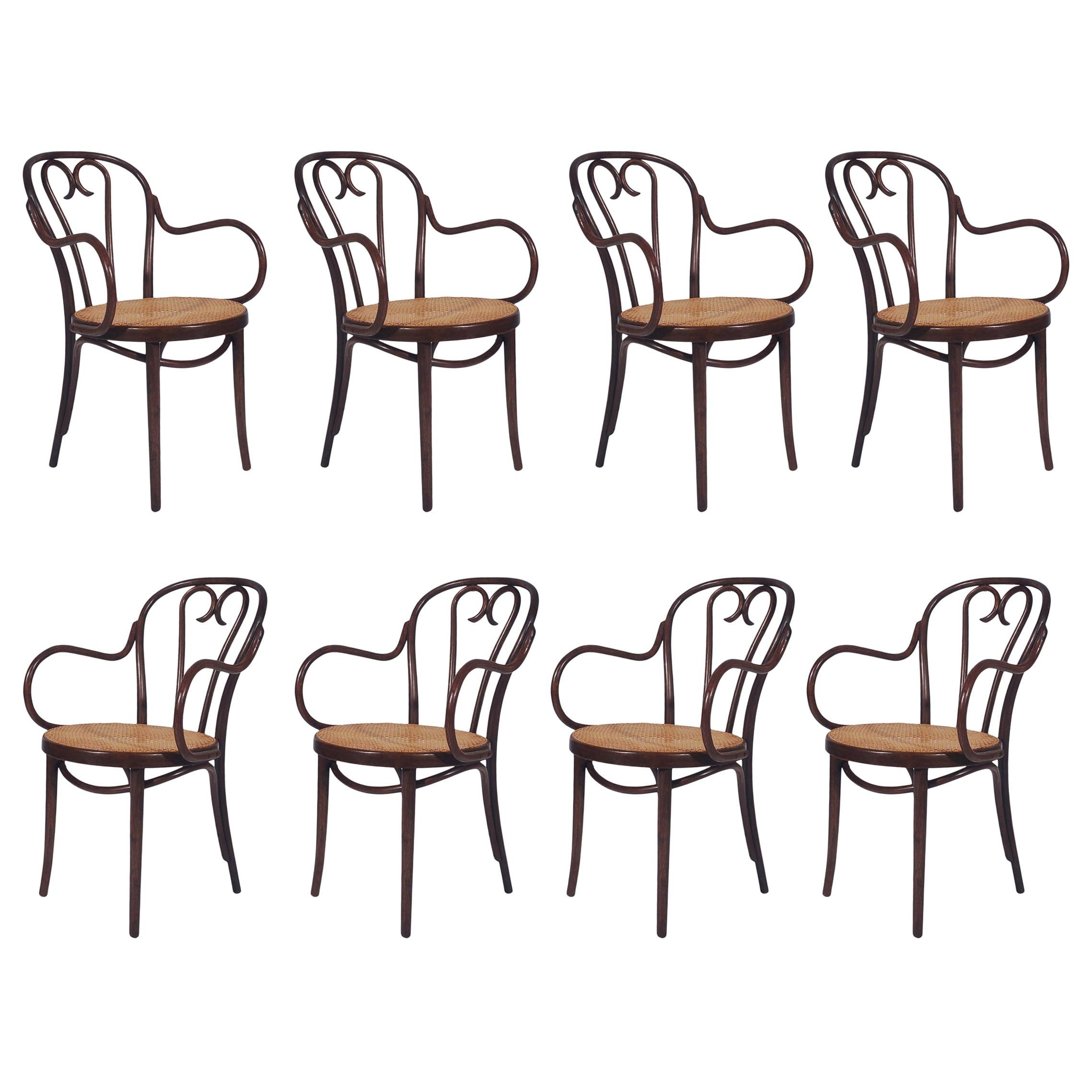Vintage Set of Eight Bentwood and Cane Seat Armchair Dining Chairs by Thonet